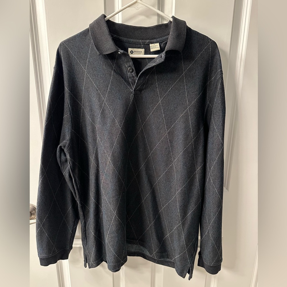 Haggar Gray Argyle Long Sleeve Polo